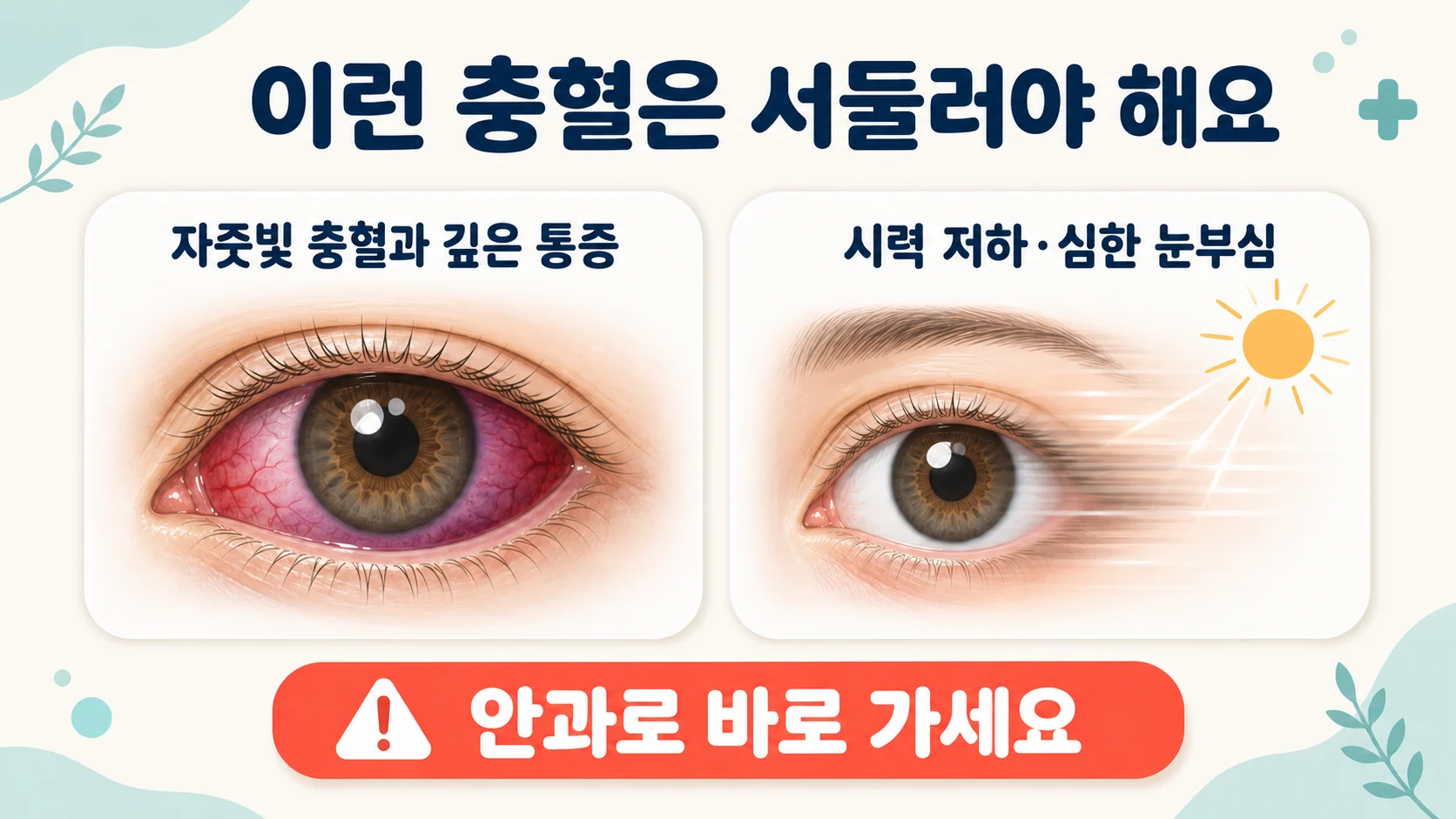 흰자위 깊은 자줏빛 충혈과 눈 통증 시력 저하는 서둘러 진료가 필요한 신호임을 보여주는 이미지