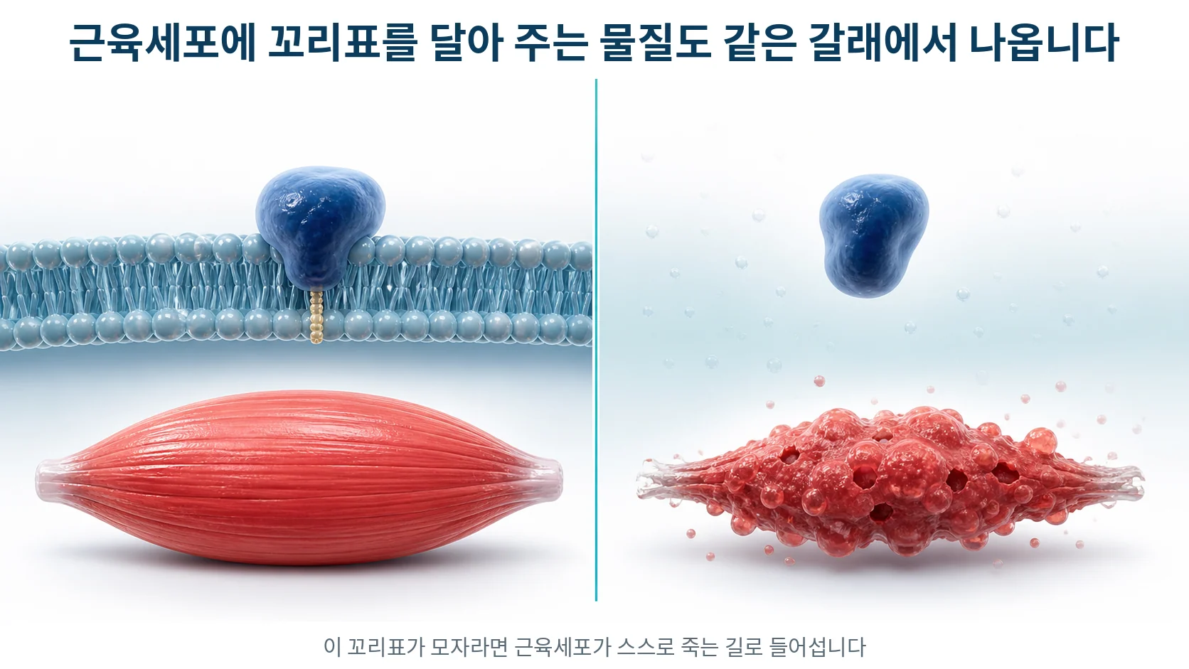 단백질에 지질 꼬리표가 붙어 세포막에 자리 잡은 상태와 꼬리표가 없어 떠돌다 세포가 무너지는 상태를 비교한 그림