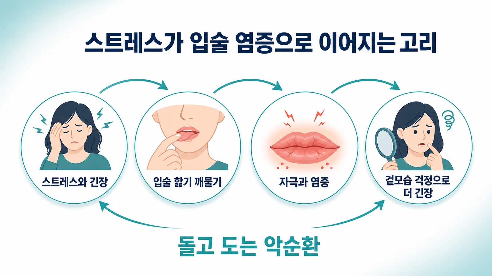 스트레스가 습관을 거쳐 입술 염증으로 이어지고 다시 긴장으로 돌아오는 악순환