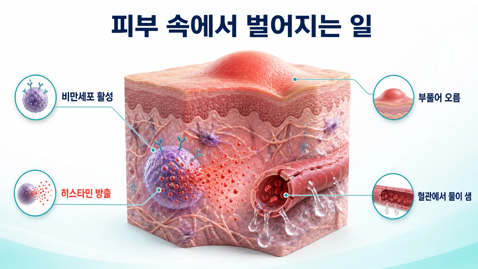 비만세포에서 히스타민이 방출되어 팽진이 생기는 과정을 설명한 도식