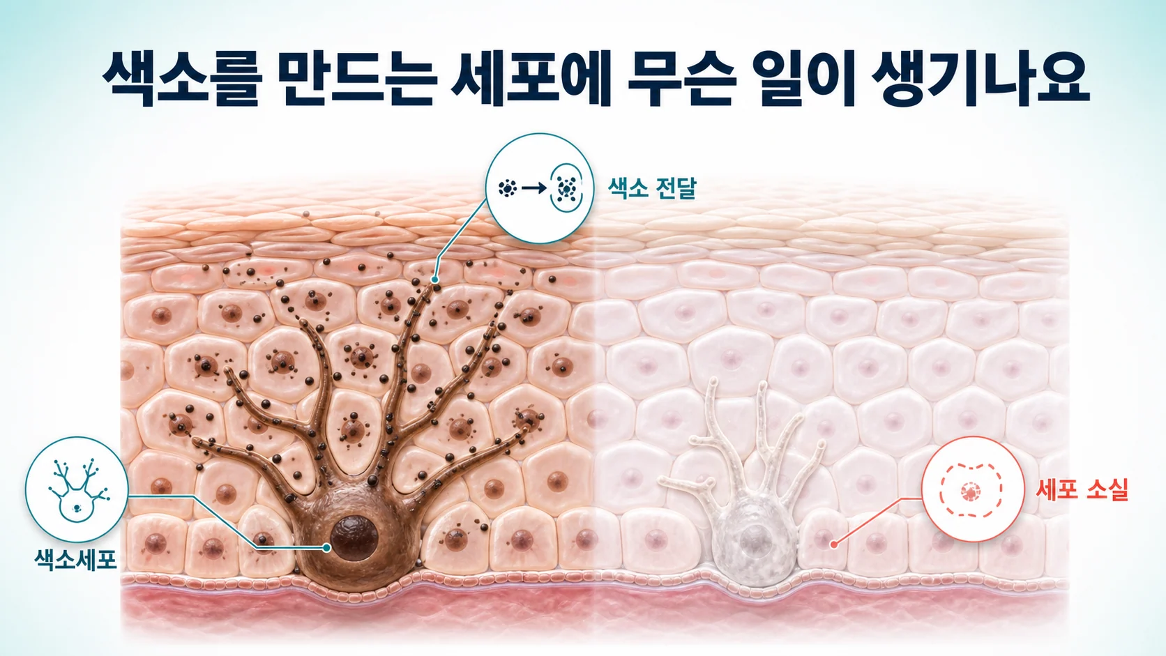 색소세포가 색소를 만들어 전달하는 과정과 그 세포가 사라지는 상황을 설명한 도식