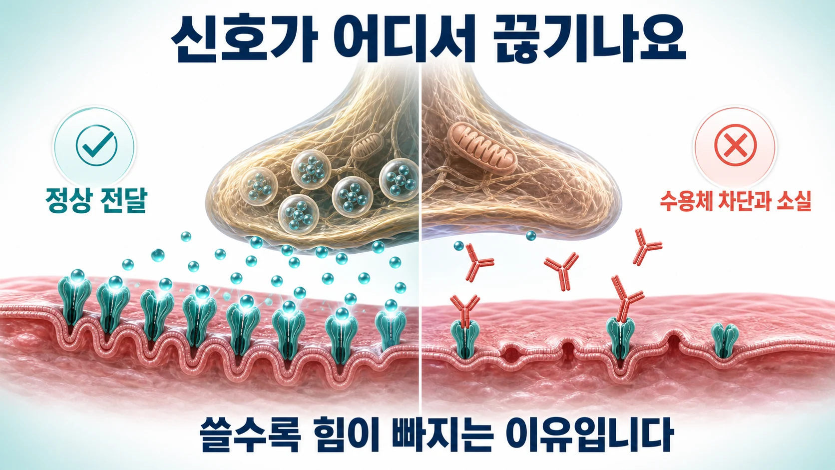 신경근접합부에서 수용체가 차단되고 사라지는 과정을 설명한 도식