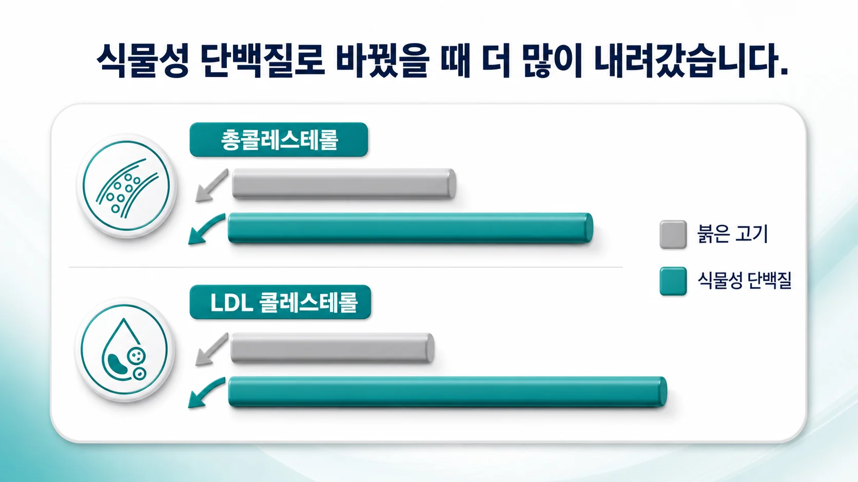 붉은 고기를 식물성 단백질로 바꿨을 때 총콜레스테롤과 LDL이 더 내려갔다는 두 메타분석의 결과 그림
